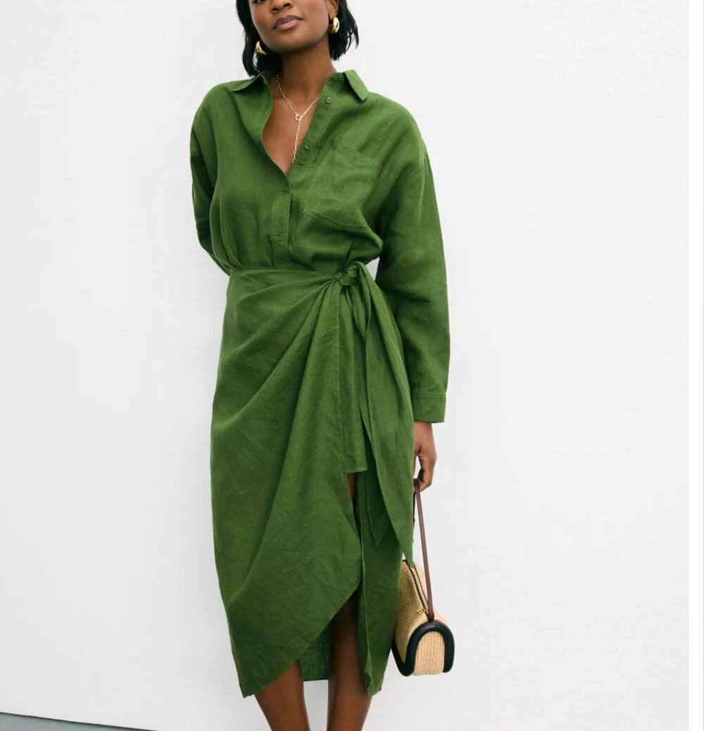 APiece Apart Green Sarong Shirt Wrap Dress SIZE 4 Work Midi Linen Designer $445